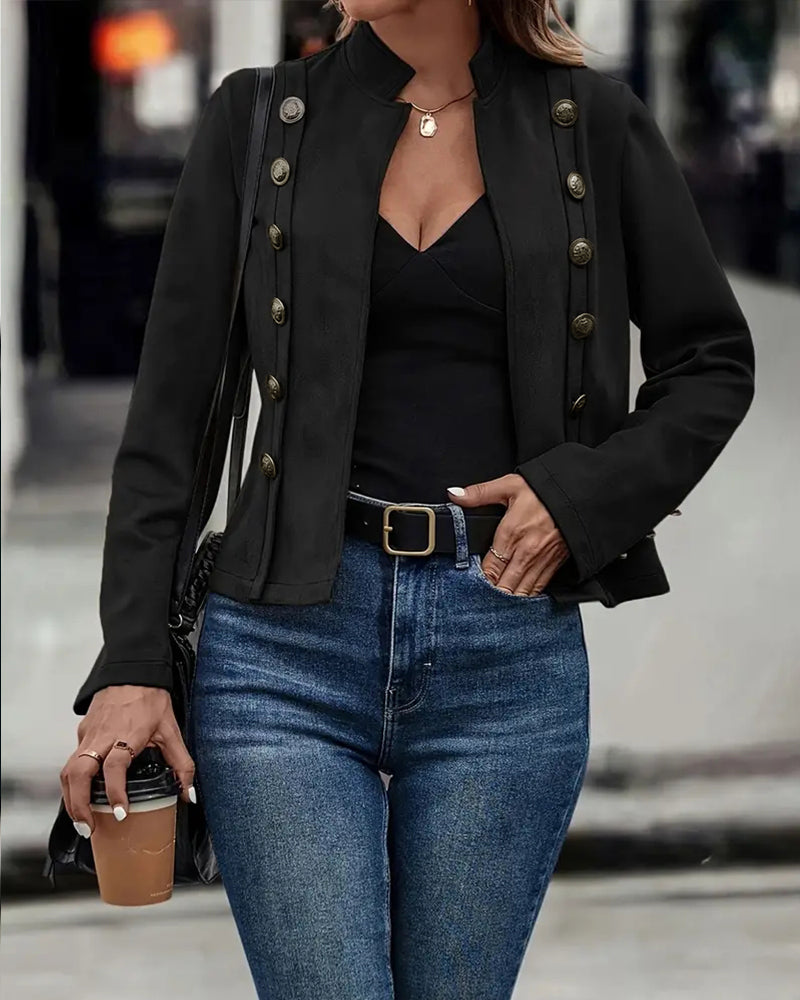 Faux Suede Stand Collar Jacket Open Front Button Decor Casual Coat
