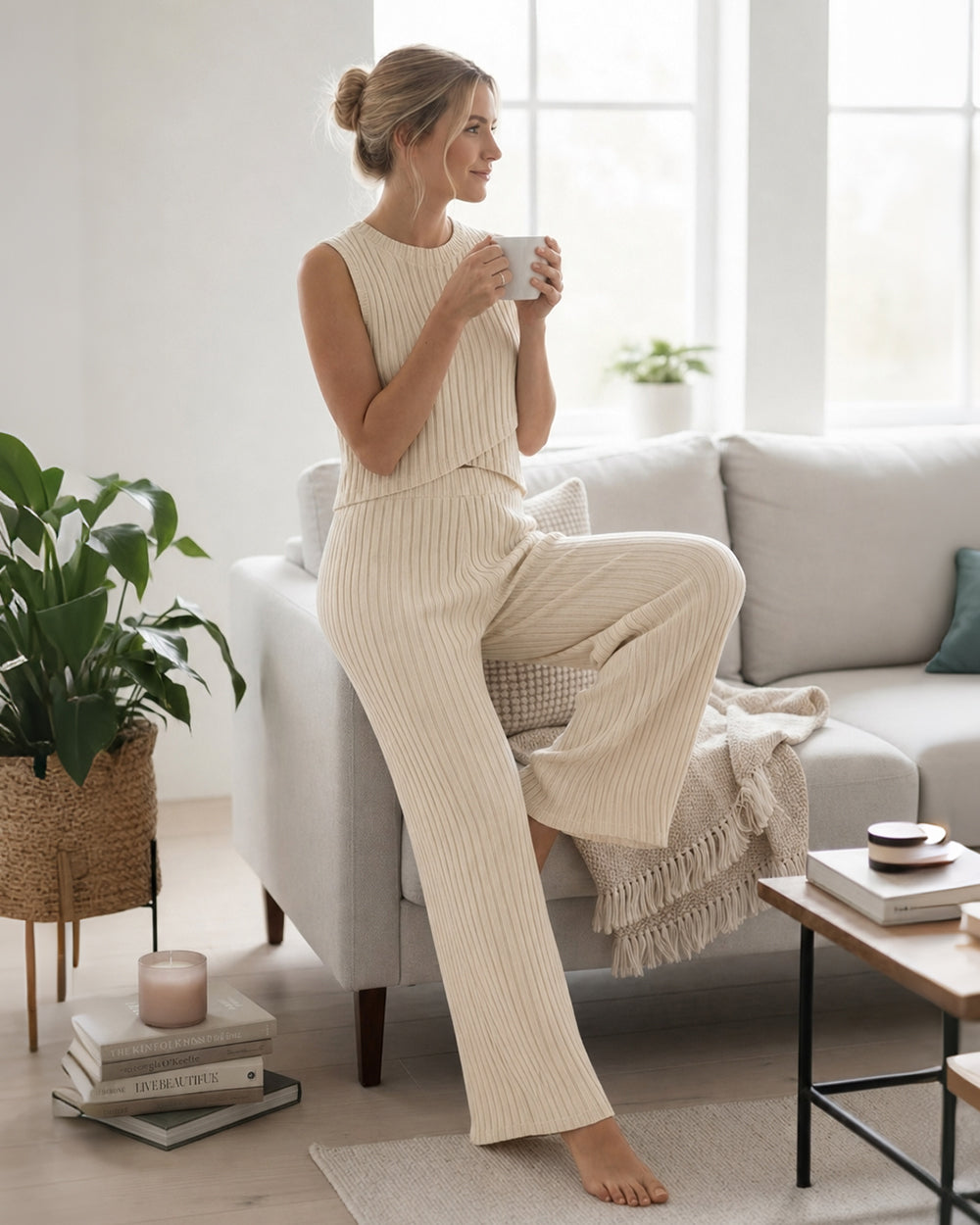 CHICMELIVE Women's 3 Piece Lounge Set Ribbed Cardigan Tank Wide Leg Pant