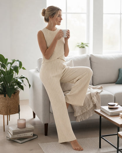 CHICMELIVE Women's 3 Piece Lounge Set Ribbed Cardigan Tank Wide Leg Pant