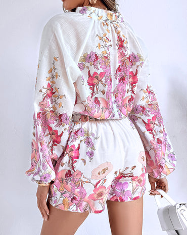 2 Pieces Outfit Floral Placement Print Stand Collar Button Button Front Lantern Sleeve Top and Casual Elastic Back Waist Shorts Set with Belt