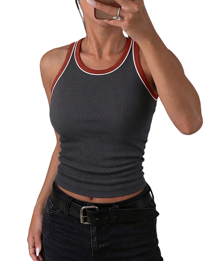 CHICMELIVE Womens Tank Tops Contrast Trim High Neck Ribbed Racerback Shirt