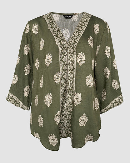 Floral Print V Neck Long Sleeve Blouse Casual Loose Fit Top
