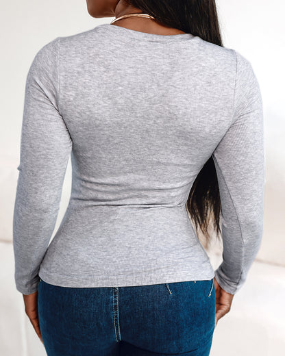 Built In Bra U Neck Tee High Stretchy Knit T-Shirt Long Sleeve Top