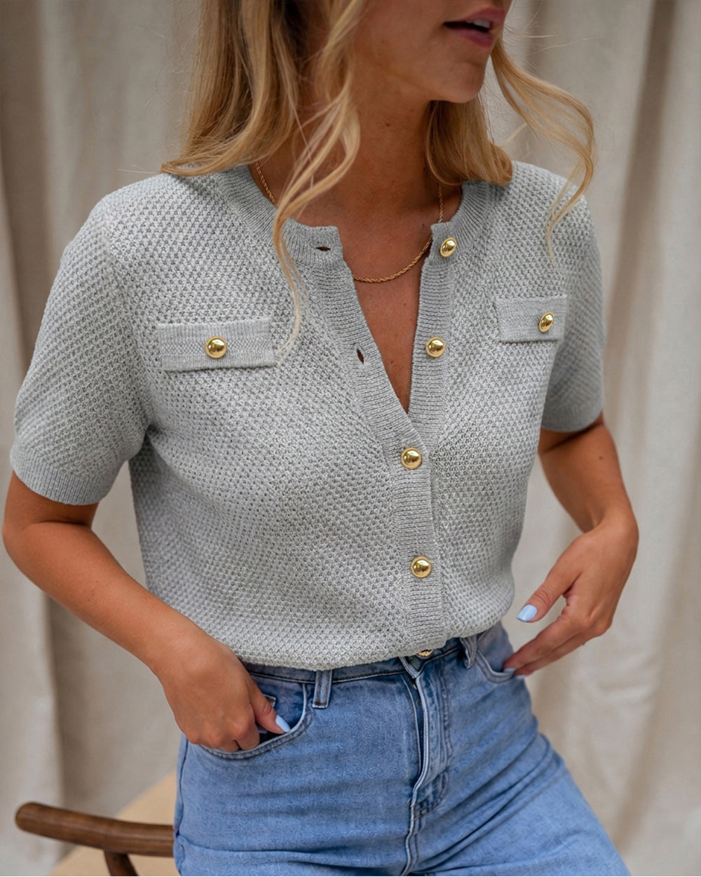 Women's Hollow Out Knit Cardigan Short Sleeve Gold Button Sweater Casual Loose Knitwear Top