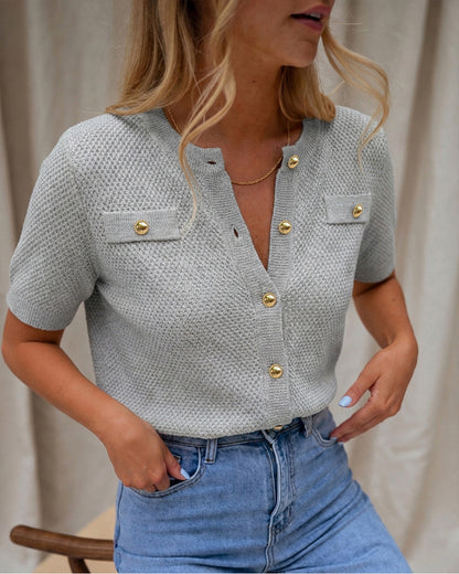 Women's Hollow Out Knit Cardigan Short Sleeve Gold Button Sweater Casual Loose Knitwear Top