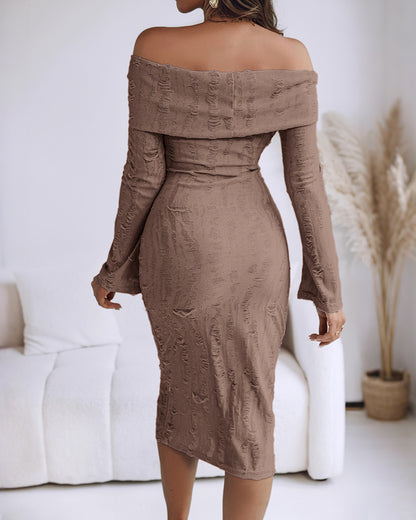 Off Shoulder Long Sleeve Hollow Out Knit Dress Casual Slim Fit Midi Sweater Dress