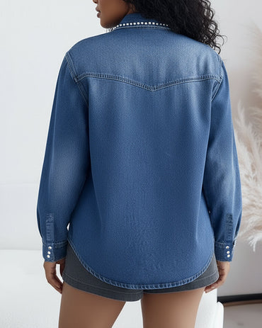 Vintage Rhinestone & Pearls Decor Turn-down Collar Button Front Asymmetrical Hem Coat Casual Flower Pattern Flap Pockets Design Washed Denim Coat