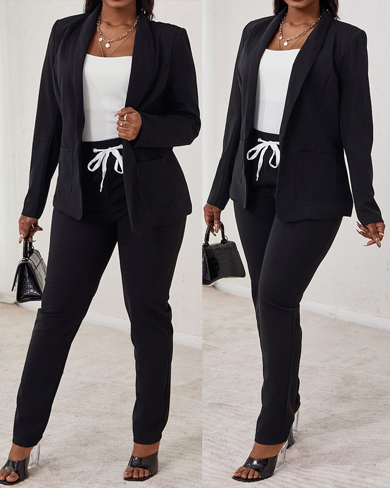2 Pieces Outfit Shawl Collar Single Breasted Pockets Design Blazer Coat and Drawstring Elastic Waist Slim Fit Pants Set