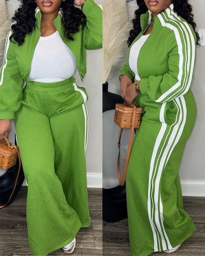 2 Pieces Outfit Stand Collar Zip Up Stretchy Hem Crop Coat and Elastic Waist Wide Leg Pants Set Casual Contrast Side Striped Set