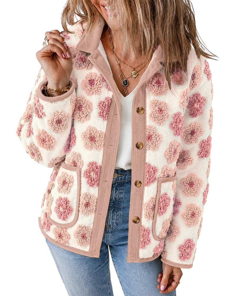 CHICMELIVE Women's Soft Floral Sherpa Jacket Corduroy Button Down Coat