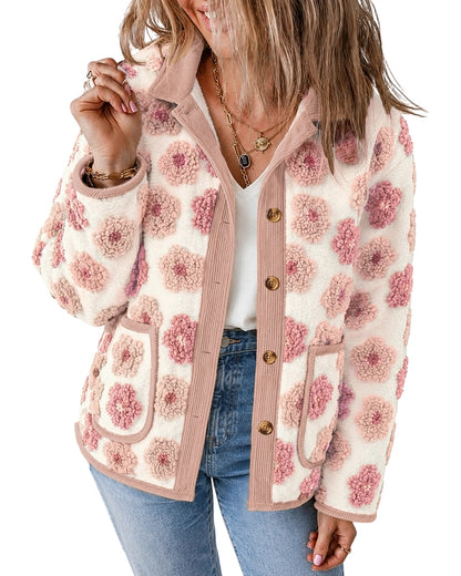 CHICMELIVE Women's Soft Floral Sherpa Jacket Corduroy Button Down Coat