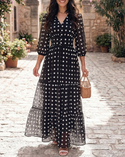 Women's Polka Dot Maxi Dress V Neck Lantern Sleeve Ruffle Hem Dress High Waist Button Up Chiffon Long Party Dress