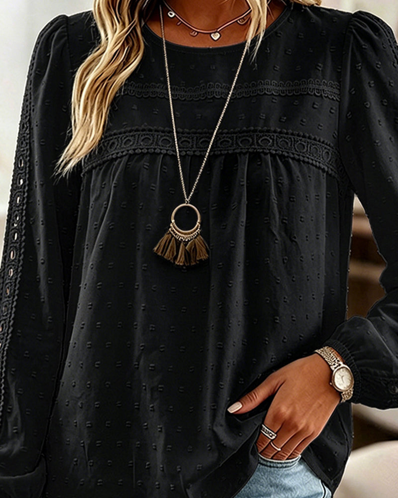 Women's Hollow-Out Lace Spliced Lantern Sleeve Top Elegant 3D Jacquard Chiffon Blouse for Work and Daily Wear