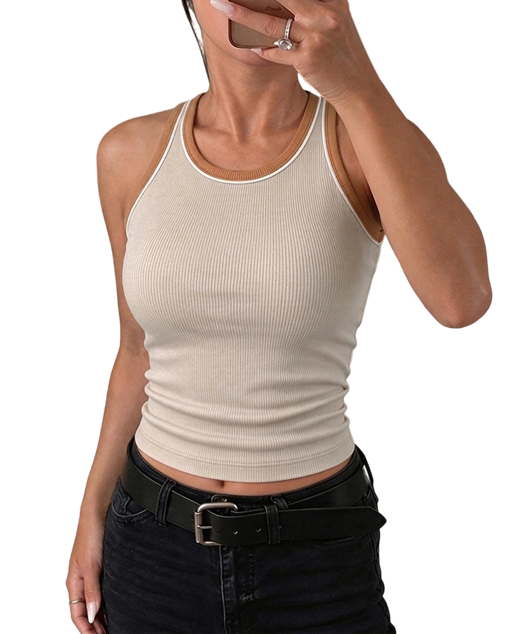 CHICMELIVE Womens Tank Tops Contrast Trim High Neck Ribbed Racerback Shirt