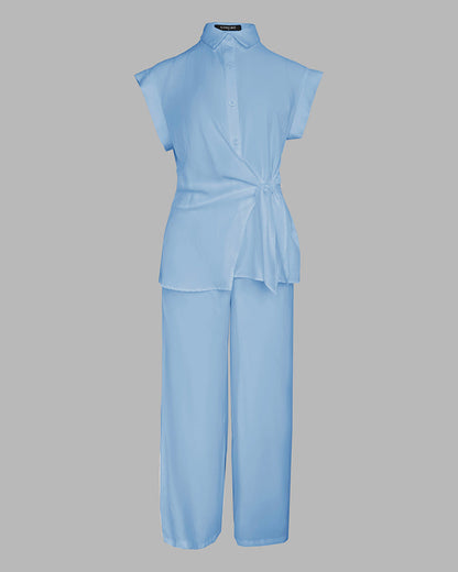 2 Pieces Outfit Turn-down Collar Cap Sleeve Button Front Tied Detail Top and Casual Zipper Fly Elastic Back Waist Wide-Leg Pants Set