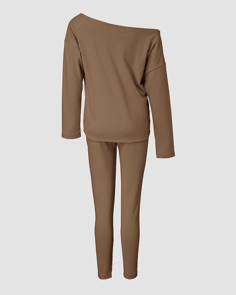 2 Pieces Outfit Long Sleeve Skew Neck Pullover Top and Drawstring Elastic Waist Slim Fit Pants Set