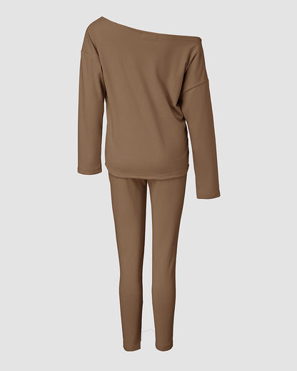 2 Pieces Outfit Long Sleeve Skew Neck Pullover Top and Drawstring Elastic Waist Slim Fit Pants Set