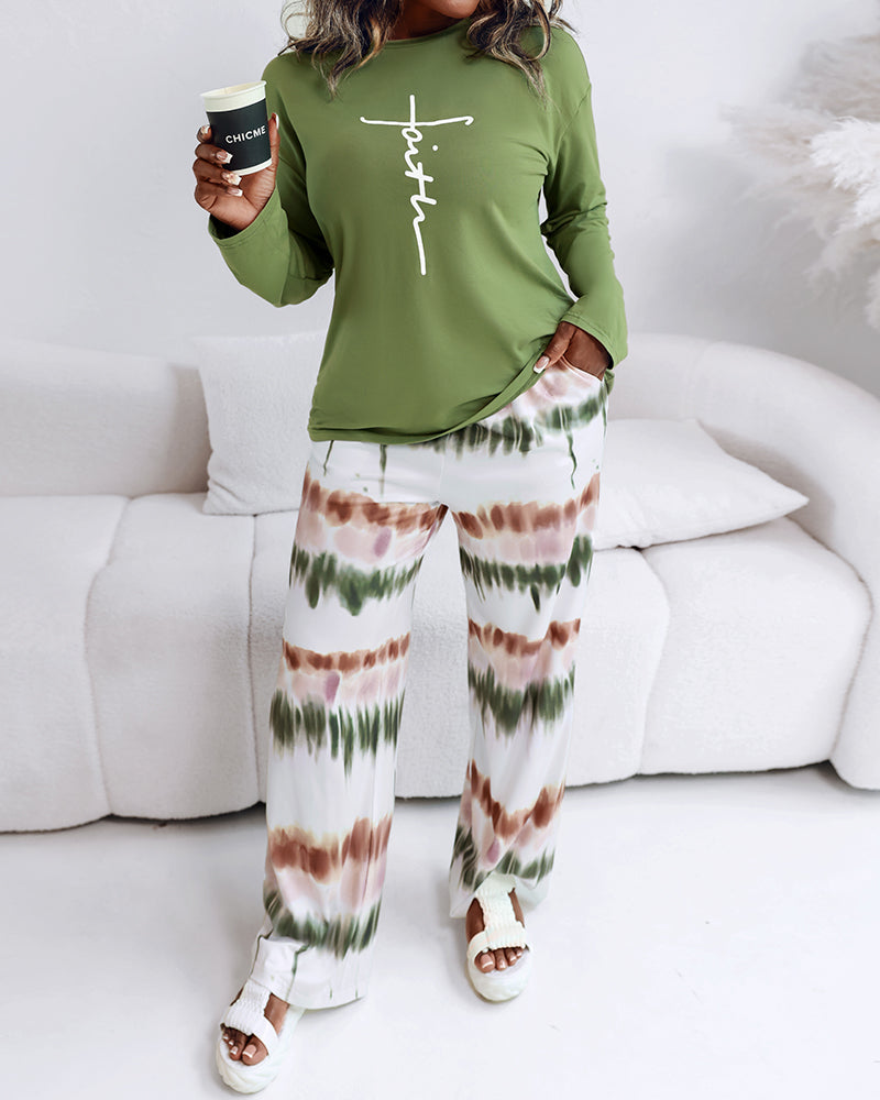 2 Pieces Outfit Letter Placement Print Long Sleeve Drop Shoulder Top and Ombre Loose Fit Pants Set Casual Pajamas Set