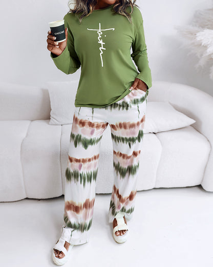 2 Pieces Outfit Letter Placement Print Long Sleeve Drop Shoulder Top and Ombre Loose Fit Pants Set Casual Pajamas Set