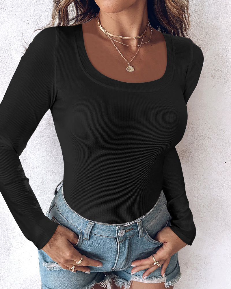 ChicMe Built-in Bra U-Neck Long Sleeve Ribbed Top