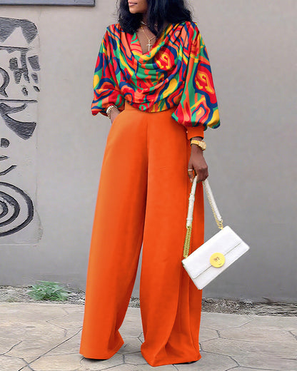2 Pieces Outfit Multi-color All Over Print Cowl Neck Lantern Sleeve Stretchy Hem Loose Crop Top and Casual Elastic Back Waist Wide Leg Pants Set