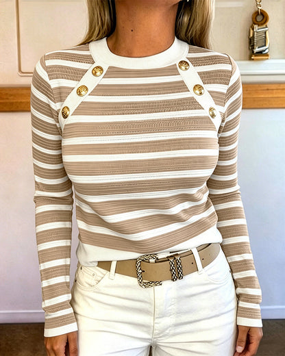Women's Striped Knit Top Gold Button Long Sleeve Pullover Crewneck Slim Fit Knitwear Contrast Binding Sweater