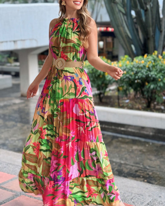 Tropical Print Halter Ruched Sleeveless Maxi Dress Casual A Line Flowy Smock Dress