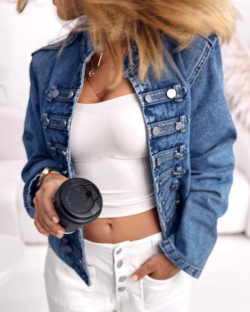 Button Decor Stand Collar Long Sleeve Jacket Casual Denim Coat