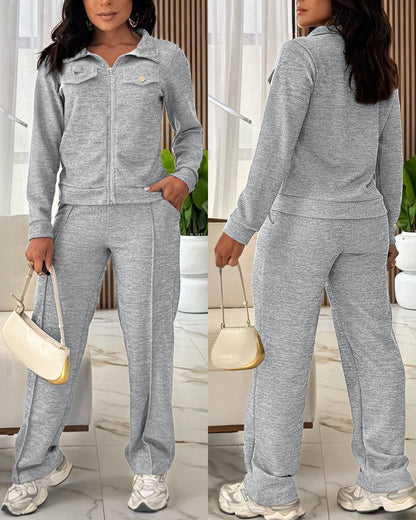 CHICMELIVE Women's 2 Piece Tracksuit Lapel Zip Jacket High Waist Pants Set