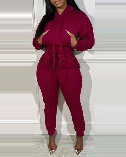 2 Pieces Outfit Drop Shoulder Kangaroo Pocket Stretchy Hem Crop Drawstring Hoodie Sweatshirt and Drawstring Elastic Waist Jogger Sweatpants Casual Tracksuit