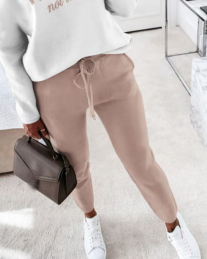 2 Pieces Outfit NOPE. not today Slogan Print Skew Neck Long Sleeve Pullover Top and Casual Drawstring Stretchy Waist Slim Fit Pants Set