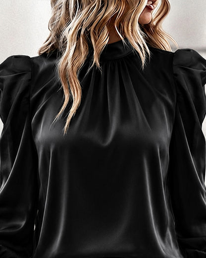 Women's Satin Blouse Mock Neck Puff Sleeve Shirt Back Tie Bow Elegant Ruched Shirt Shirred Frill Cuff Work Top
