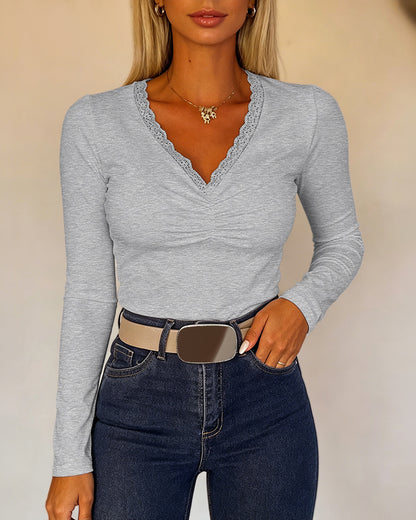 CHICMELIVE Women Lace Long Sleeve Top V Neck Fitted Shirts Fall Blouses