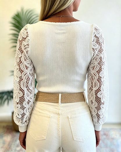 Women's Ribbed Knit Top Square Neck Lace Long Sleeve Shirt Slim Fit Elegant Pullover Top
