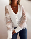 Women's Mesh Long Sleeve Cardigan Embroidered V Neck Knit Sweater Rhinestone Button Ribbed Slim Fit Casual Coat