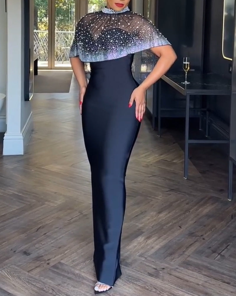 2 Pieces Outfit Detachable & Adjustable Spaghetti Straps Zipper Back Slit Slim Fit Maxi Dress and Rhinestone & Pearls Decor High Neck Zipper Back Sheer Mesh Poncho Cape