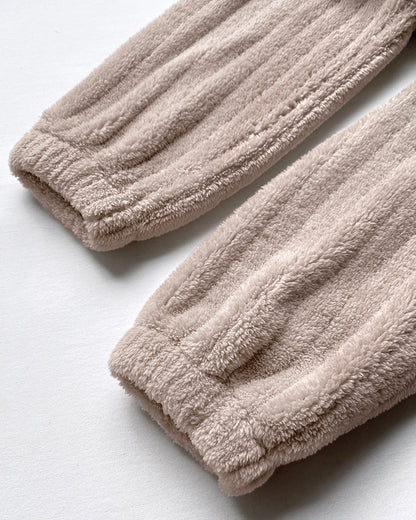 Textured Striped Turn-down Collar Button Front Elastic Cuff and Hem Teddy Fleece Jacket With Decorative Flap Pockets
