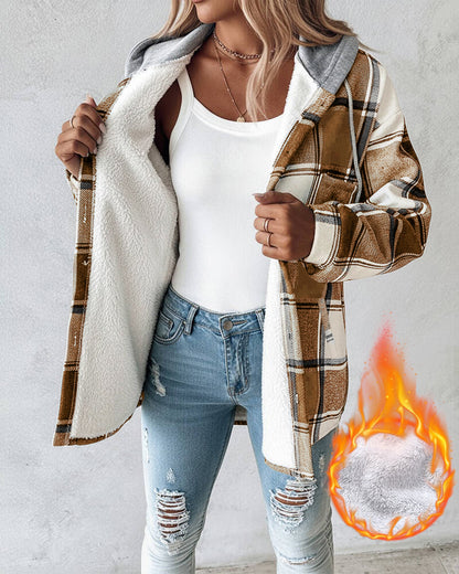 CHICMELIVE Womens Casual Jacket Plaid Hooded Fleece Lined Shacket