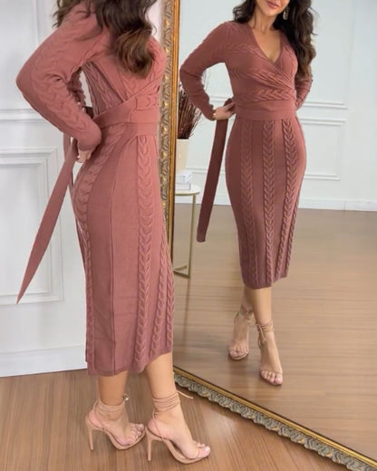 Cable Textured Overlap Deep V-Neck Long Sleeve Mid-Length Dress Tie Waist Slim Fit Knit Dress