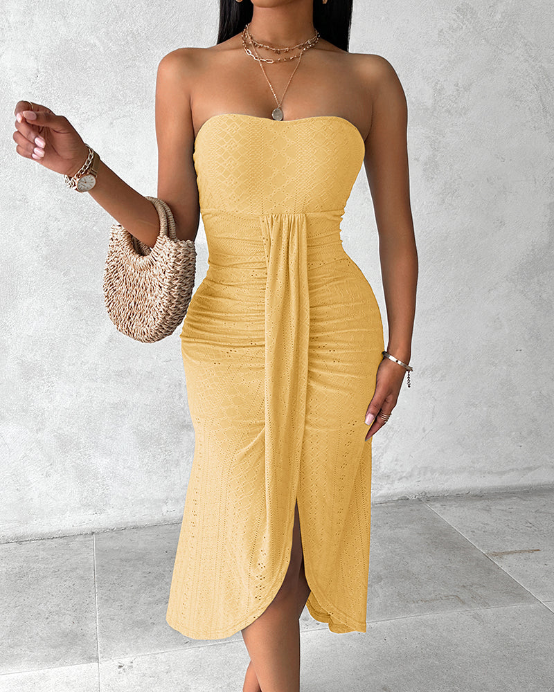 Sleeveless Ruched Cinched Waist Draped Bandeau Dress Eyelet Embroidery Slit Asymmetrical Hem Vacation Dress