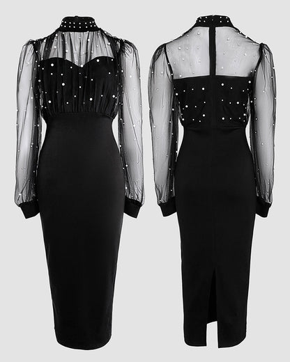 Mock Neck Sheer Mesh Spliced Beaded Bodycon Dress Zipper Back Slit Party Dress