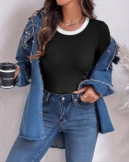 CHICMELIVE Women's Ribbed Long Sleeve Shirts Contrast Crewneck Fitted Basic Tee