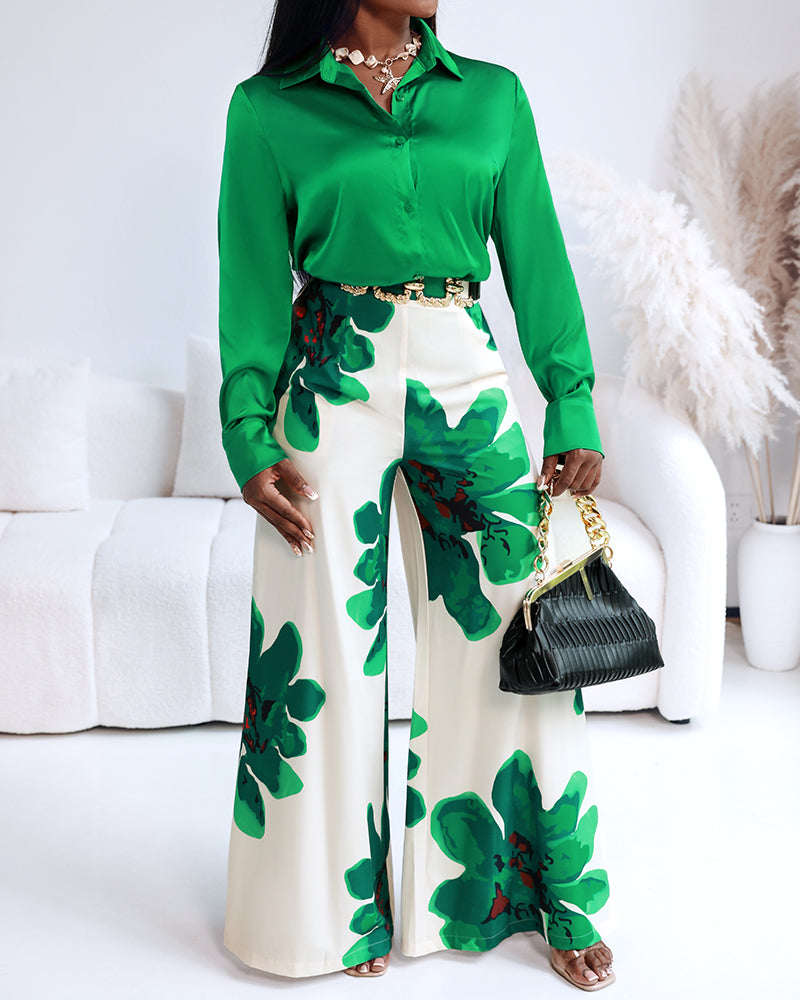 2 Pieces Outfit Long Sleeve Satin Blouse and Casual Floral Print High Waist Wide Leg Pants Set