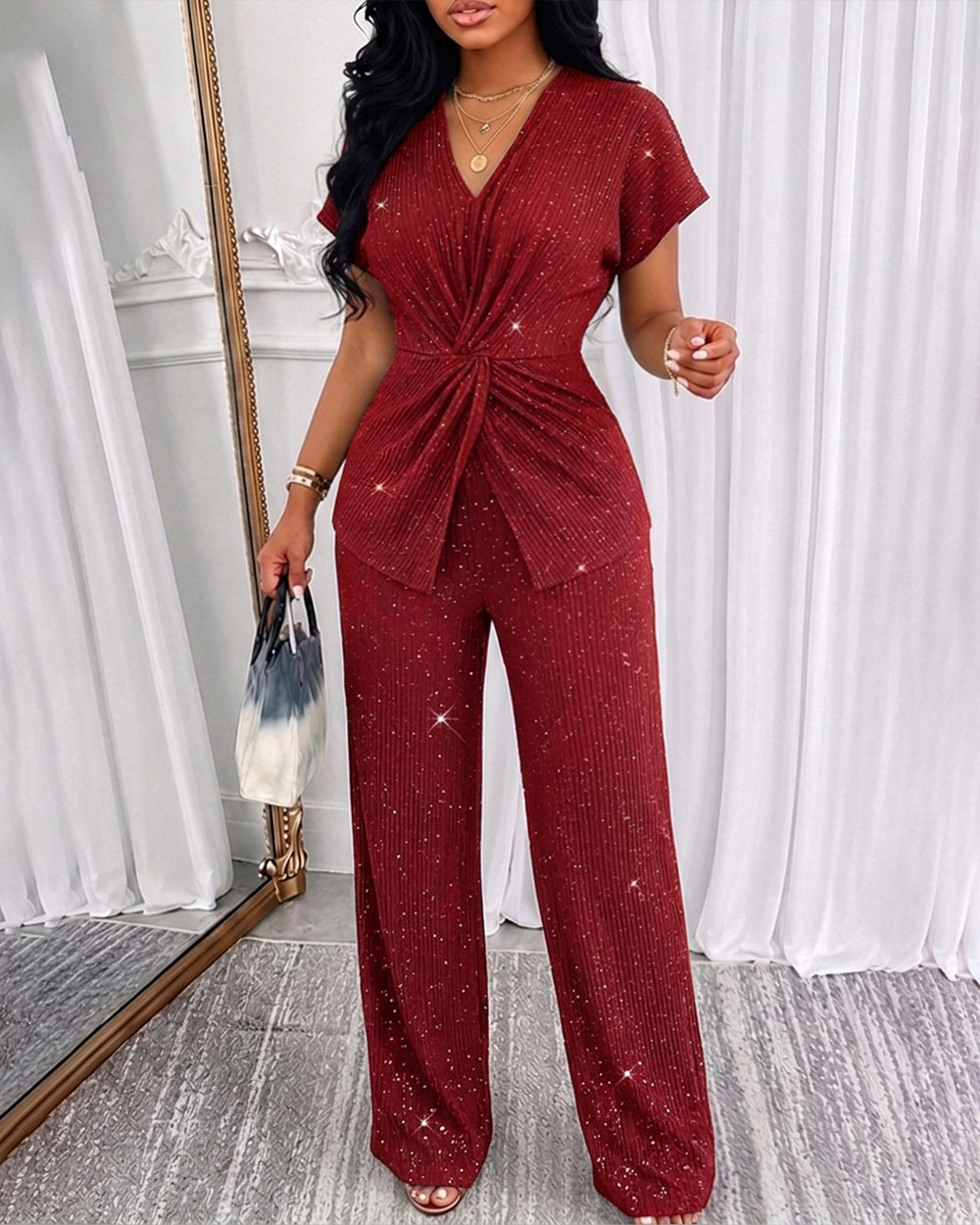 CHICMELIVE Women's 2 Piece Outfits Glitter Twist Top Wide Leg Pants Set