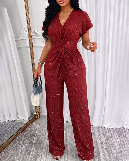 CHICMELIVE Women's 2 Piece Outfits Glitter Twist Top Wide Leg Pants Set