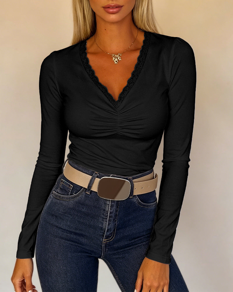CHICMELIVE Women Lace Long Sleeve Top V Neck Fitted Shirts Fall Blouses