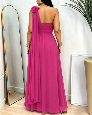 Women's One Shoulder Chiffon Maxi Dress 3D Floral High Slit Evening Gown Elegant Shirred Backless Draped Party Dress