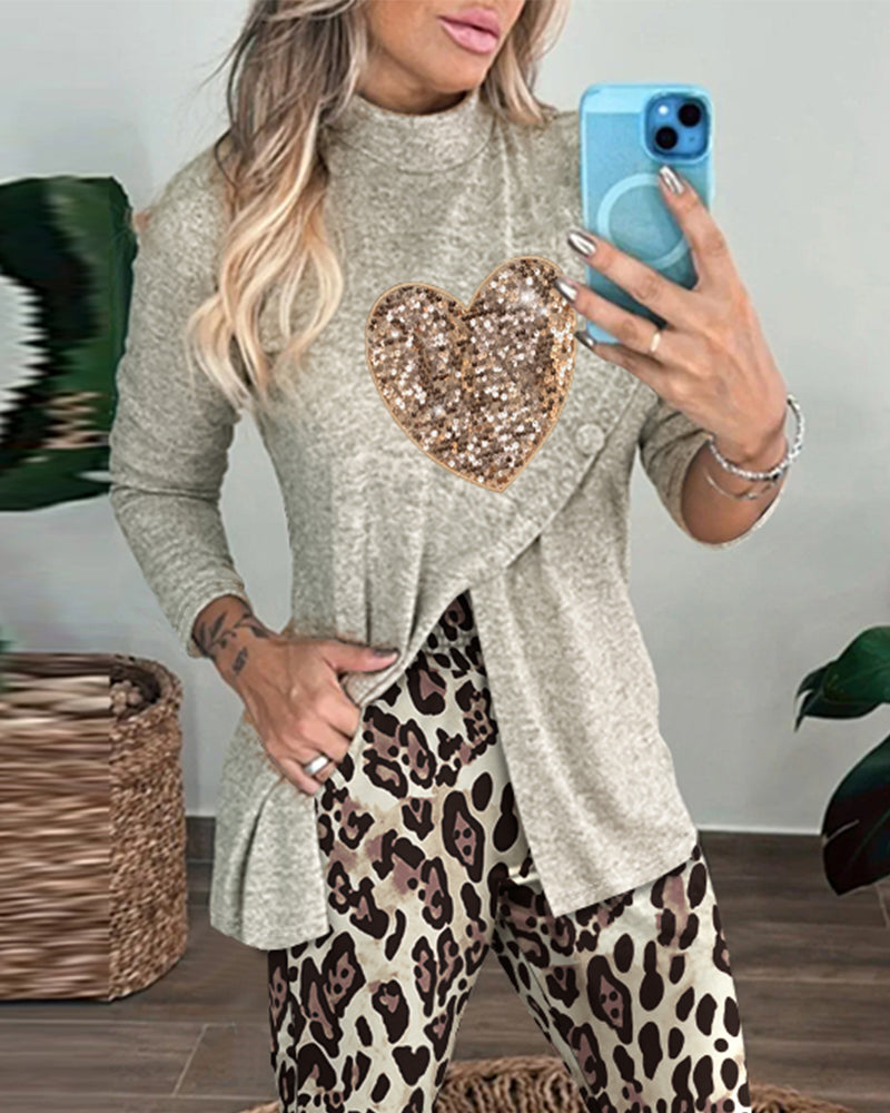 2 Piece Sequin Heart Pattern Mock Neck Long Sleeve Slit Top Leopard Print High Waist Cuffed Pants Lounge Sets