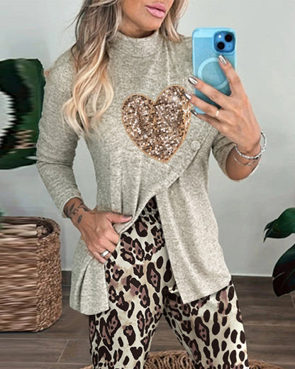 2 Piece Sequin Heart Pattern Mock Neck Long Sleeve Slit Top Leopard Print High Waist Cuffed Pants Lounge Sets