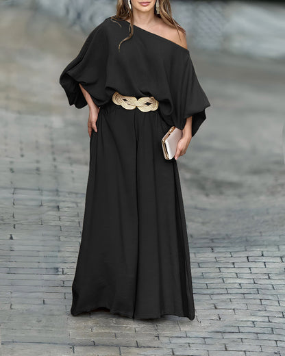 Skew Neck Lantern Sleeve Loose Top & Zipper Fly Wide Leg Pants Set without Belt